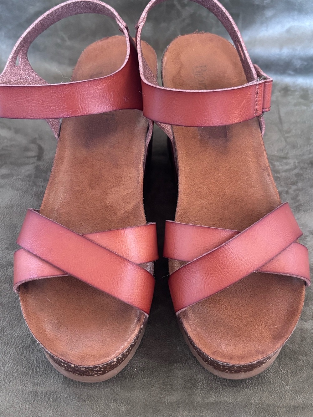 BJORNDAL Cognac Leather Strappy Cork Wedge Sandals Adjustable Ankle Straps SZ 7 - Picture 10 of 16